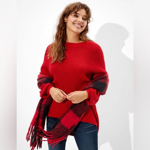 American Eagle Dreamspun Dolman Sleeve Red Knit Oversized Crewneck Sweater - Picture 1 of 10